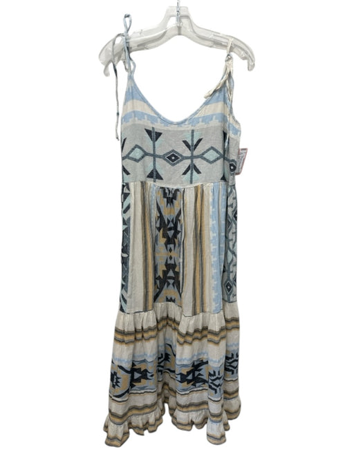Pearl & Caviar Size S/M Cream, Blue & Black Cotton Geometric Print Striped Dress Cream, Blue & Black / S/M