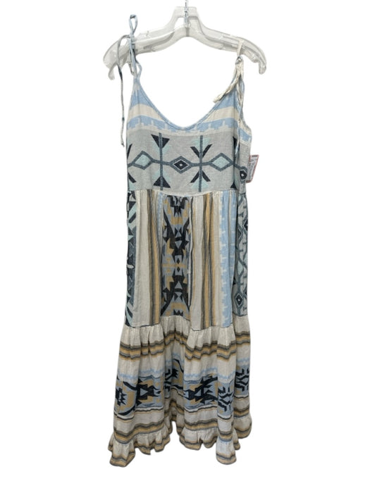 Pearl & Caviar Size S/M Cream, Blue & Black Cotton Geometric Print Striped Dress Cream, Blue & Black / S/M