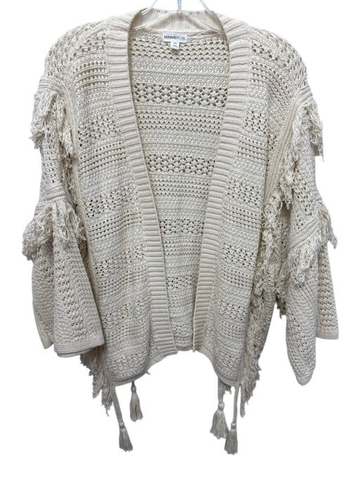 Minnie Rose Size M/L Cream White Cotton Knit Fringe Detail Tassels Jacket Cream White / M/L