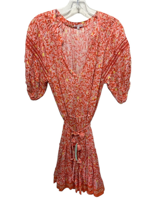 Poupette St. Barth Size M Orange Viscose Botanical Short Sleeve V Neck Dress Orange / M