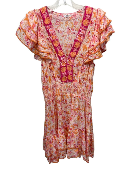 Poupette St. Barth Size L White, Orange & Pink Viscose Botanical V Neck Dress White, Orange & Pink / L