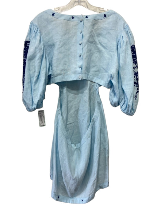 Fanm Mon Size L Light & Dark  Blue Linen Floral Embroidered Open Back Dress Light & Dark  Blue / L