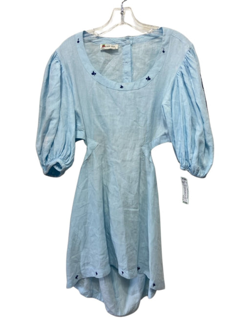 Fanm Mon Size L Light & Dark  Blue Linen Floral Embroidered Open Back Dress Light & Dark  Blue / L