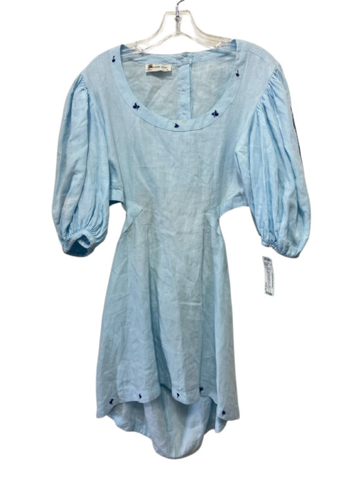 Fanm Mon Size L Light & Dark Blue Linen Floral Embroidered Open Back Dress