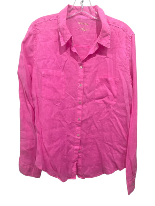 Lilly Pulitzer Size L Neon Pink Linen Long Sleeve Button Up Collared Shirt Top Neon Pink / L