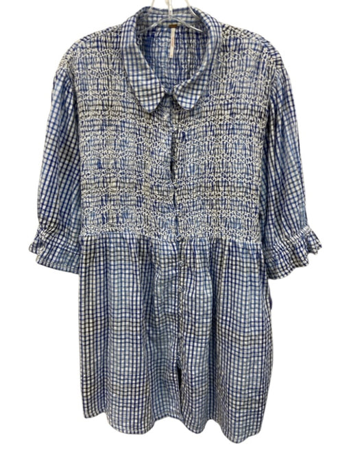 Free People Size M Blue & White Cotton Collar Neck Front Buttons plaid Dress Blue & White / M