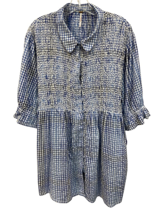 Free People Size M Blue & White Cotton Collar Neck Front Buttons plaid Dress Blue & White / M