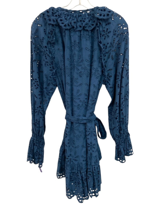 Cleobella Size M Blue Cotton Ruffle Neck Front Buttons Eyelet Detail Dress Blue / M