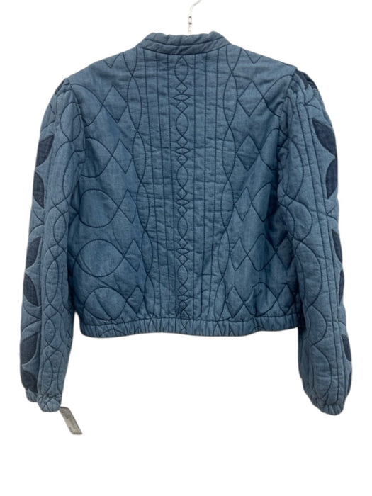 Free People Size S Blue Cotton Quilted Leaves Collarless Button Front Jacket Blue / S