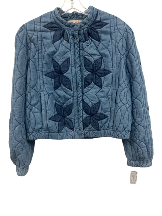 Free People Size S Blue Cotton Quilted Leaves Collarless Button Front Jacket Blue / S