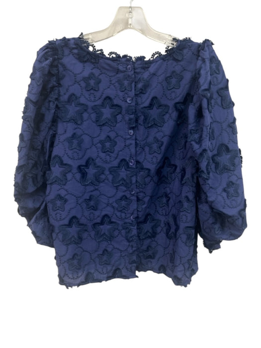 Farm Rio Size L Dark Blue Cotton Embroidered stars Long Sleeve Puff Shoulder Top Dark Blue / L