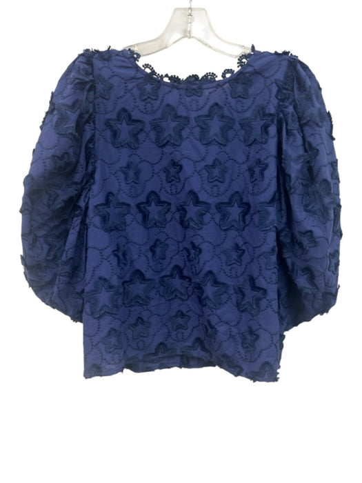 Farm Rio Size L Dark Blue Cotton Embroidered stars Long Sleeve Puff Shoulder Top Dark Blue / L