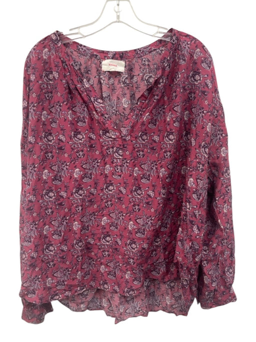 XiRENA Size L Pink & Purple Cotton & Silk Block Printed Floral V Neck Top Pink & Purple / L