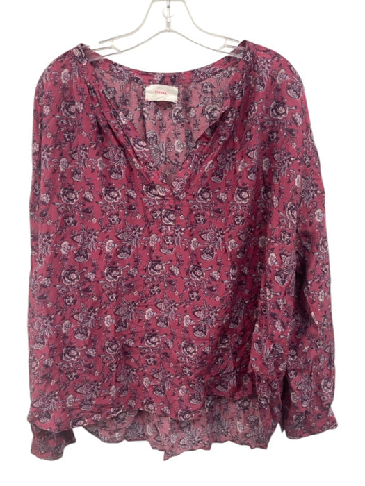 XiRENA Size L Pink & Purple Cotton & Silk Block Printed Floral V Neck Top Pink & Purple / L