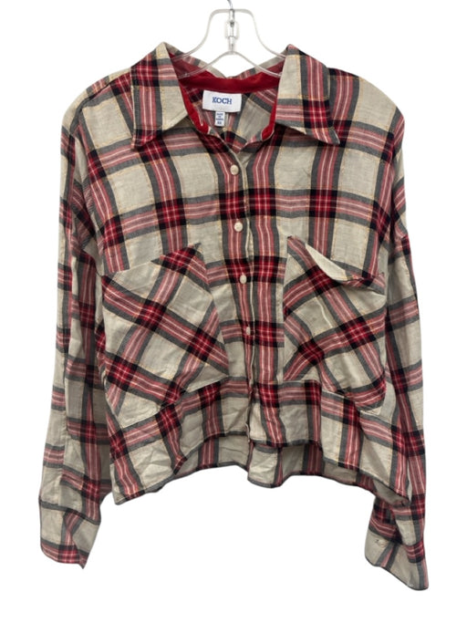 Koch Size L Cream, Red, Black Cotton Blend Metallic Thread Plaid Button Down Top Cream, Red, Black / L