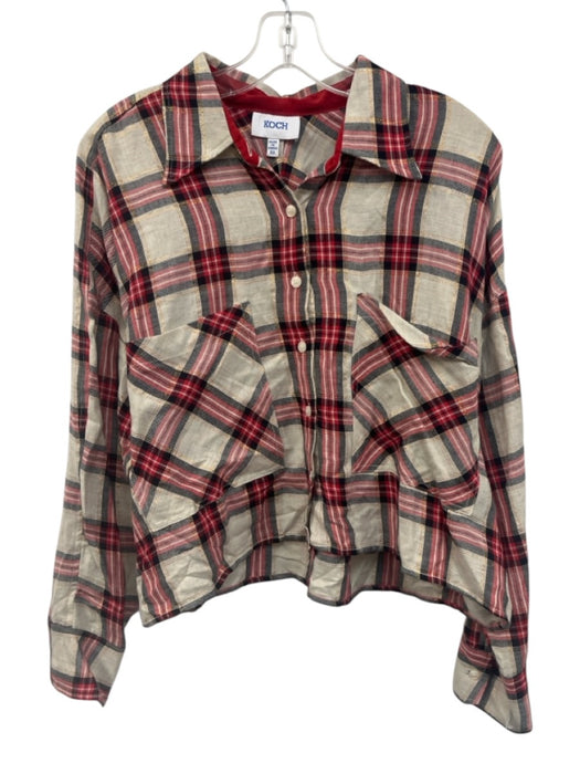Koch Size L Cream, Red, Black Cotton Blend Metallic Thread Plaid Button Down Top Cream, Red, Black / L