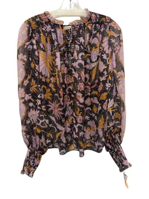 Ulla Johnson Size 10 Purple, Orange, Black Silk & Lurex Long puff sleeve Top Purple, Orange, Black / 10