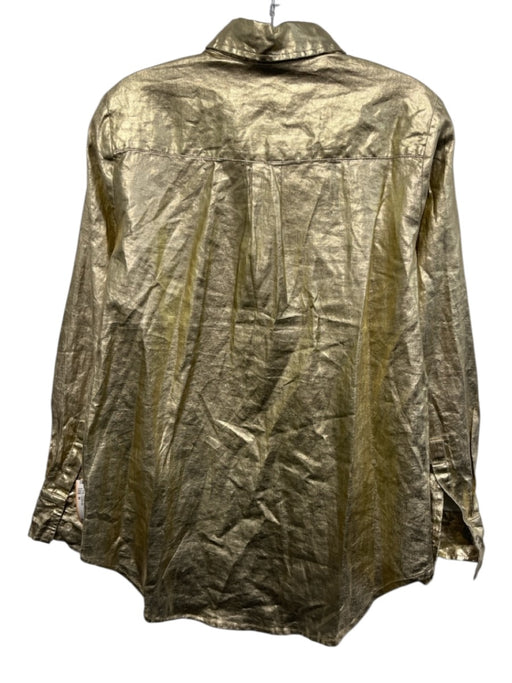 Lanhtropy Size M Gold Linen Foil Coating Metallic Long Sleeve Blouse Top Gold / M
