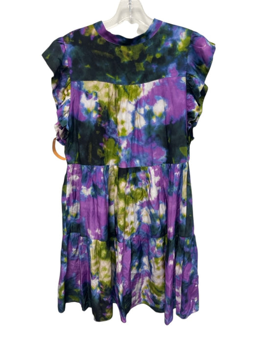 Marie Oliver Size L Purple, Blue, Green Rayon & Silk Ruffle Cap Sleeve Dress Purple, Blue, Green / L