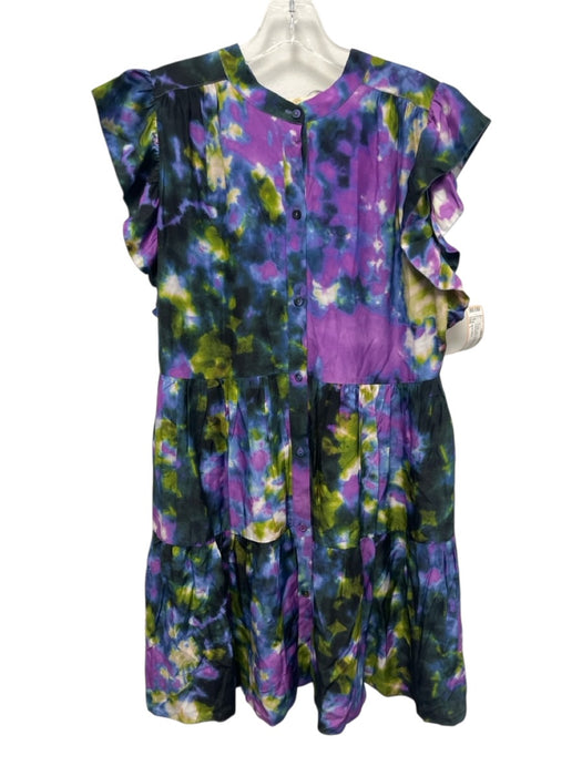 Marie Oliver Size L Purple, Blue, Green Rayon & Silk Ruffle Cap Sleeve Dress Purple, Blue, Green / L