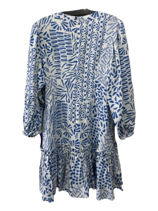 Alexis Size XL White & Blue Linen Surplice Abstract Puff 3/4 Sleeve Tiered Dress White & Blue / XL