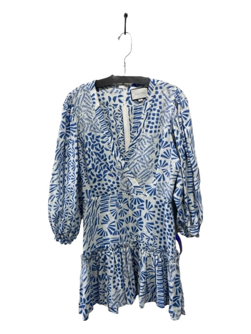 Alexis Size XL White & Blue Linen Surplice Abstract Puff 3/4 Sleeve Tiered Dress White & Blue / XL
