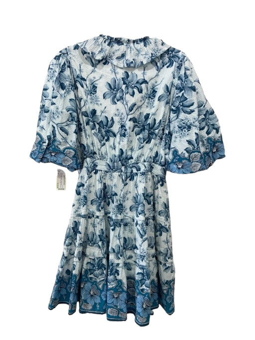 Love The Label Size M Blue & White Cotton Floral Wrap Tiered Dress Blue & White / M