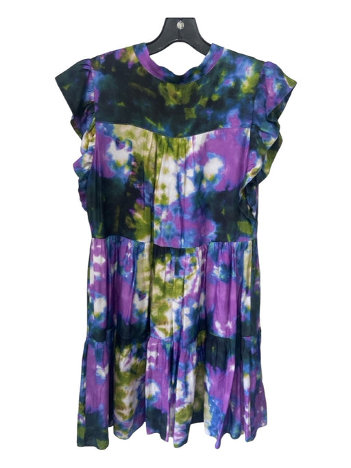 Marie Oliver Size S Green & Purple Rayon Blend Tie Dye Ruffle Cap Sleeve Dress Green & Purple / S