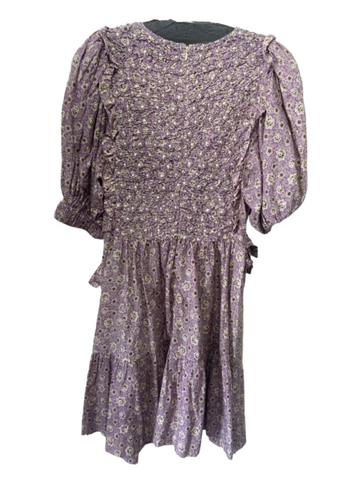 Sea New York Size L Purple White Brown Cotton Floral Puff 1/2 Sleeve Dress Purple White Brown / L