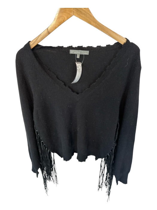 27 Miles Size M Black Cashmere Leather Fringe V Neck Knit Sweater Black / M