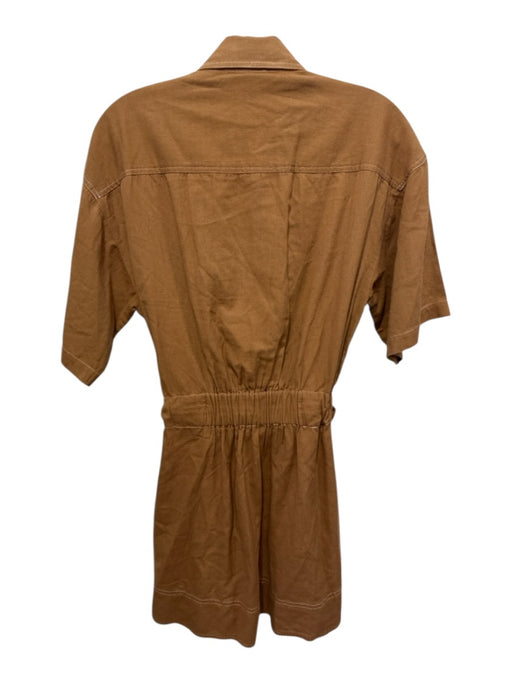 Omika Size M Brown Cotton & Linen Short Sleeve Button Up Collar Tie Waist Dress Brown / M
