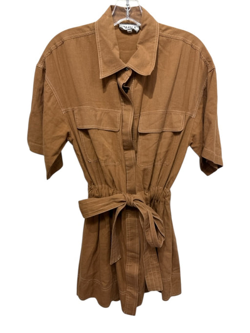 Omika Size M Brown Cotton & Linen Short Sleeve Button Up Collar Tie Waist Dress Brown / M