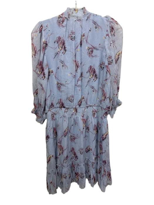 Joie Size L Blue & Multi Silk V Neck Sheer Short Sleeve Knee Length Dress Blue & Multi / L