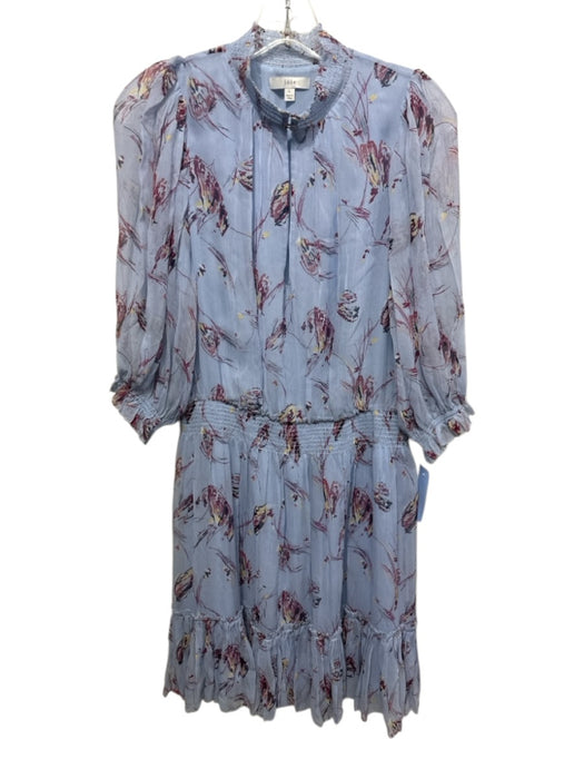 Joie Size L Blue & Multi Silk V Neck Sheer Short Sleeve Knee Length Dress Blue & Multi / L