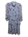 Joie Size L Blue & Multi Silk V Neck Sheer Short Sleeve Knee Length Dress Blue & Multi / L
