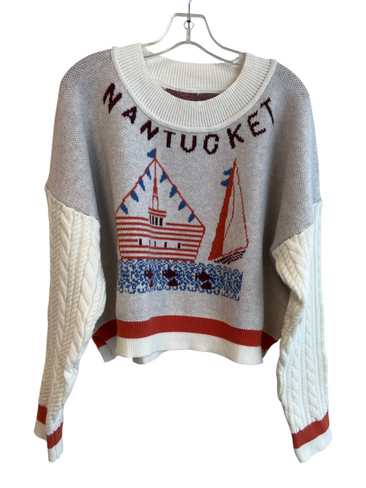 No Brand Size Large White & Multi Acrylic Crew Neck Cable Knit pull over Sweater White & Multi / Large