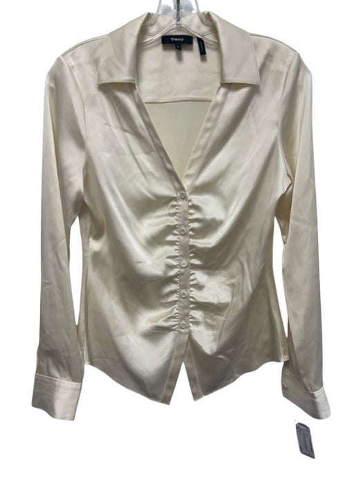 Theory Size S Ivory White Triacetate Blend Long Sleeve Rouched Collar Top Ivory White / S