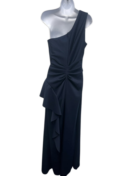 Xscape Size 10 Navy Blue Polyester One Shoulder Ruched Ruffle Gown Navy Blue / 10