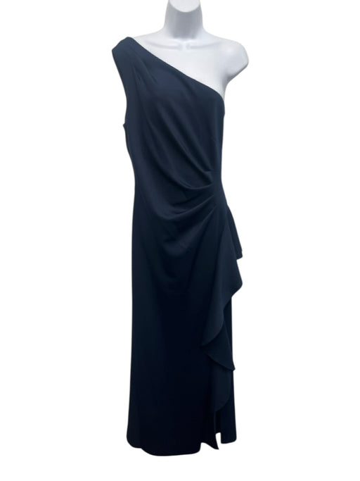 Xscape Size 10 Navy Blue Polyester One Shoulder Ruched Ruffle Gown Navy Blue / 10