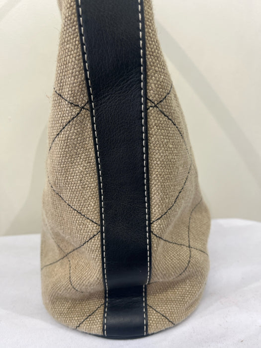 Tory Burch Tan & black Leather & Linen Quilted Logo Shoulder Hobo Bag