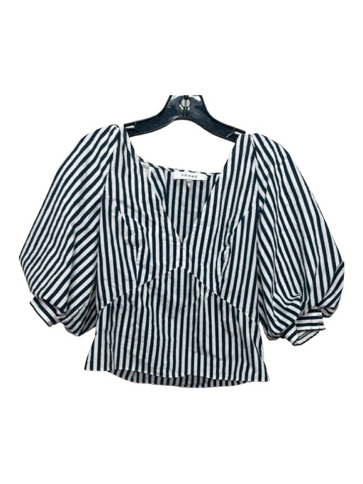 Frame Size XS White & Navy Cotton Short Puff Sleeve Stripe V Neck Top White & Navy / XS