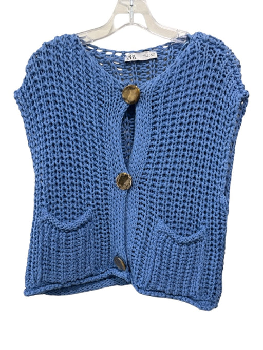 Zara Size S Blue Polyester & Cotton Knit Sleeveless Gold Hardware Cardigan Blue / S