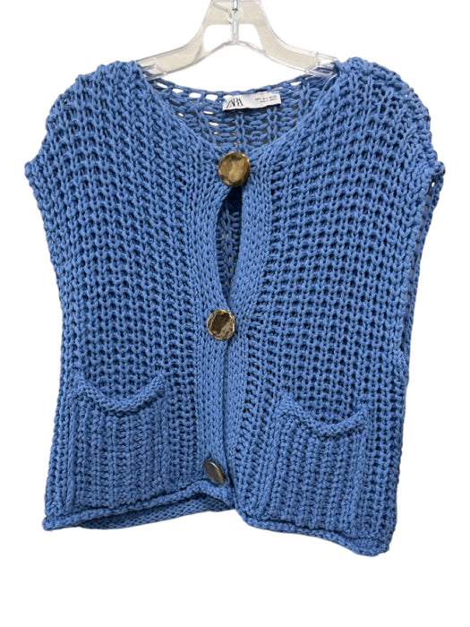 Zara Size S Blue Polyester & Cotton Knit Sleeveless Gold Hardware Cardigan Blue / S