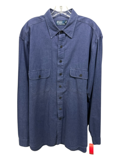 Polo Size XLT Blue Cotton Blend Solid Button Up front pocket Long Sleeve Shirt Blue / XLT