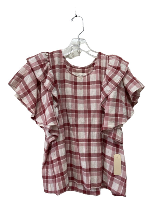 The Great Size 1/S White & Red Cotton Ruffle Cap Sleeve Round Neck Plaid Top White & Red / 1/S