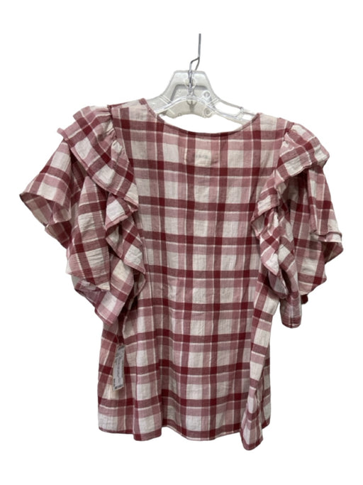 The Great Size 1/S White & Red Cotton Ruffle Cap Sleeve Round Neck Plaid Top White & Red / 1/S