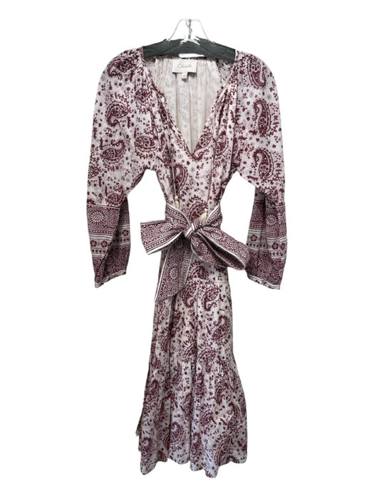 Cleobella Size XS White & Burgundy Cotton Long Sleeve Paisley Tiered Dress White & Burgundy / XS