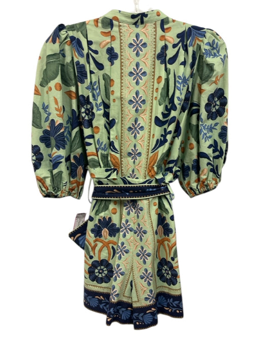 Farm Rio Size S Green, Blue, Orange Cotton Puff Sleeves Botanical Belted Romper Green, Blue, Orange / S