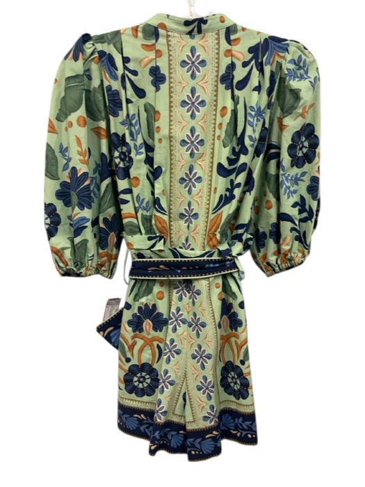 Farm Rio Size S Green, Blue, Orange Cotton Puff Sleeves Botanical Belted Romper Green, Blue, Orange / S