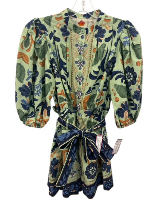 Farm Rio Size S Green, Blue, Orange Cotton Puff Sleeves Botanical Belted Romper Green, Blue, Orange / S